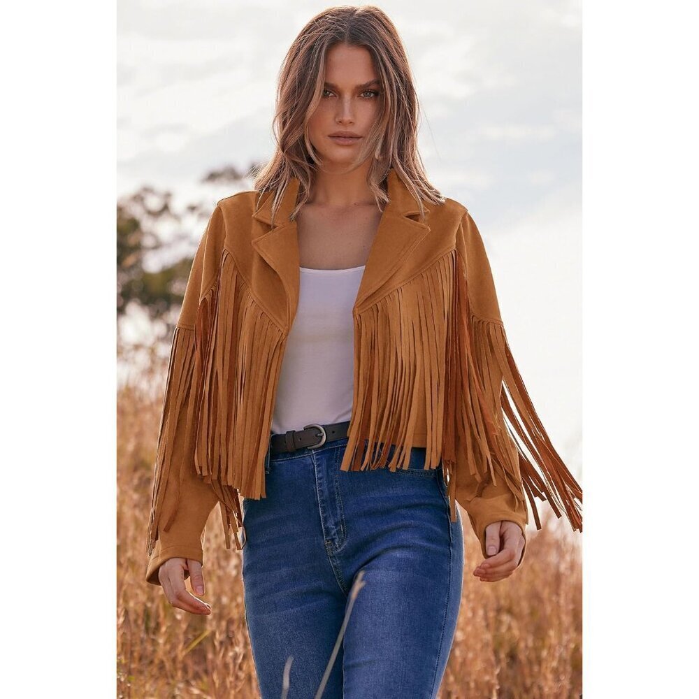Women's  Brown Yellow Faux Suede Leather Tassel Motorcycle Cropped Jackets - Picture 5 of 9